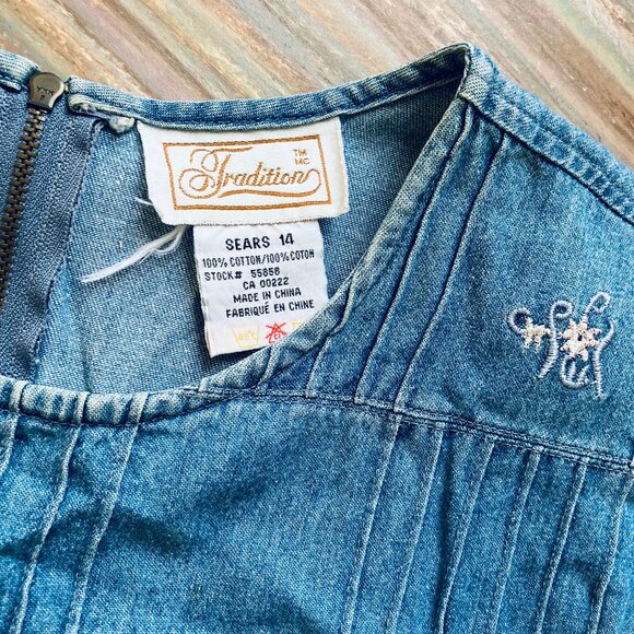 Denim Chambray Maxi Dress Flower Embroidery Pockets Vintage 90s Traditions - Picture 6 of 7